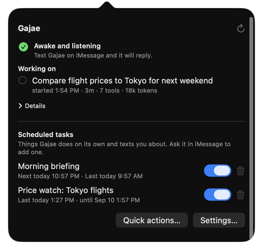 The menu bar panel: awake and listening, a task in progress, and two scheduled tasks.