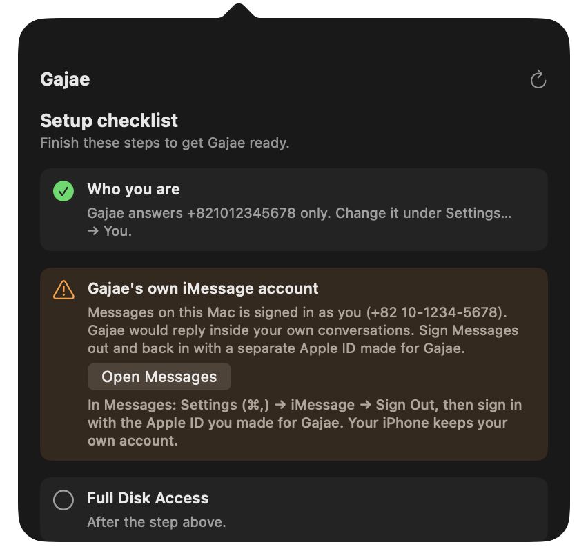 The setup checklist showing an orange warning: Messages on this Mac is signed in as you.